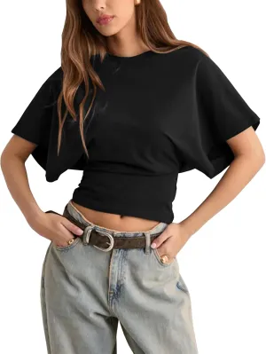 Lumister Shirts for Womens Crewneck Tighten Waist T-Shirt Casual Short Sleeve Workout Tops Solid Color Basic Tees
