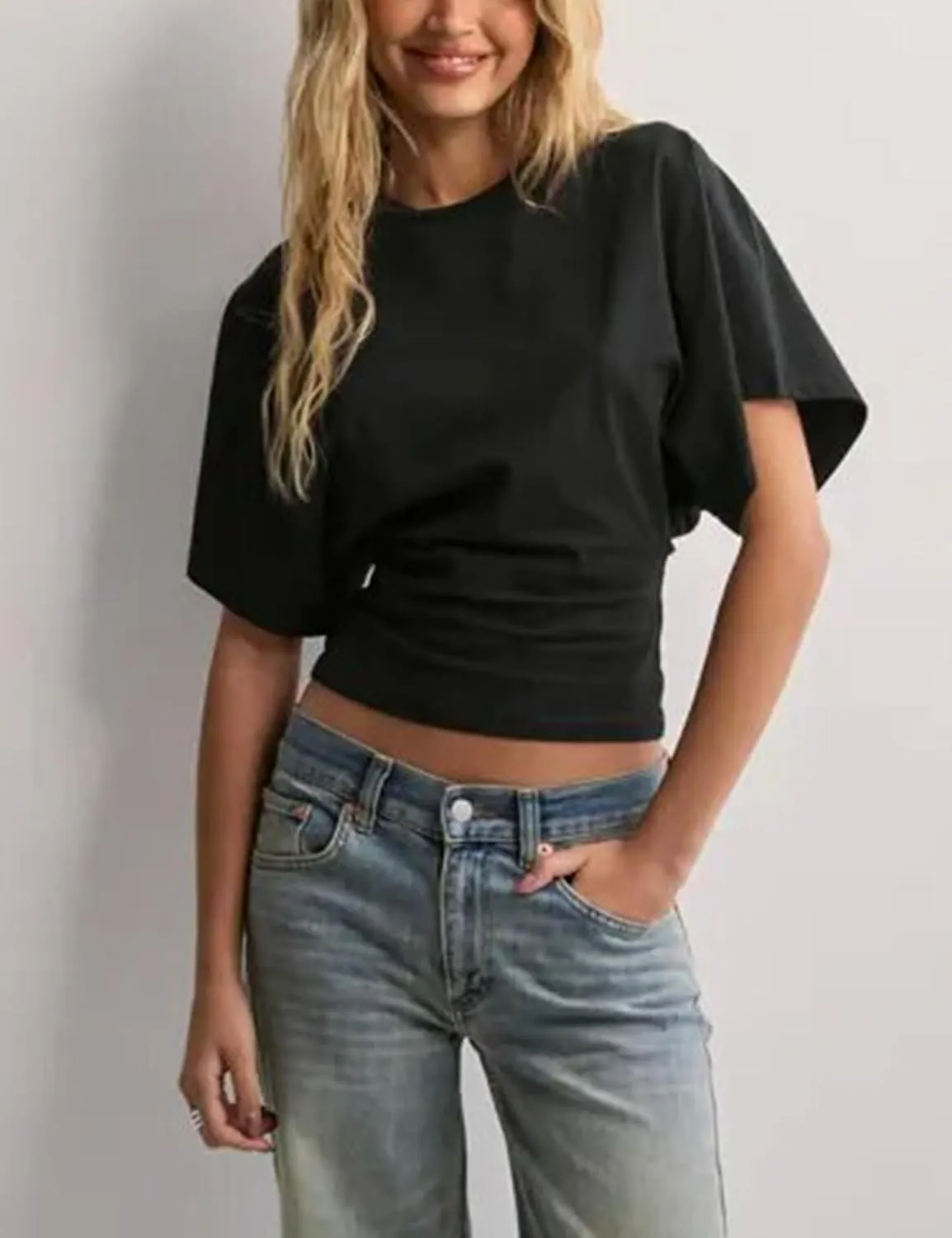 Lumister Shirts for Womens Crewneck Tighten Waist T-Shirt Casual Short Sleeve Workout Tops Solid Color Basic Tees