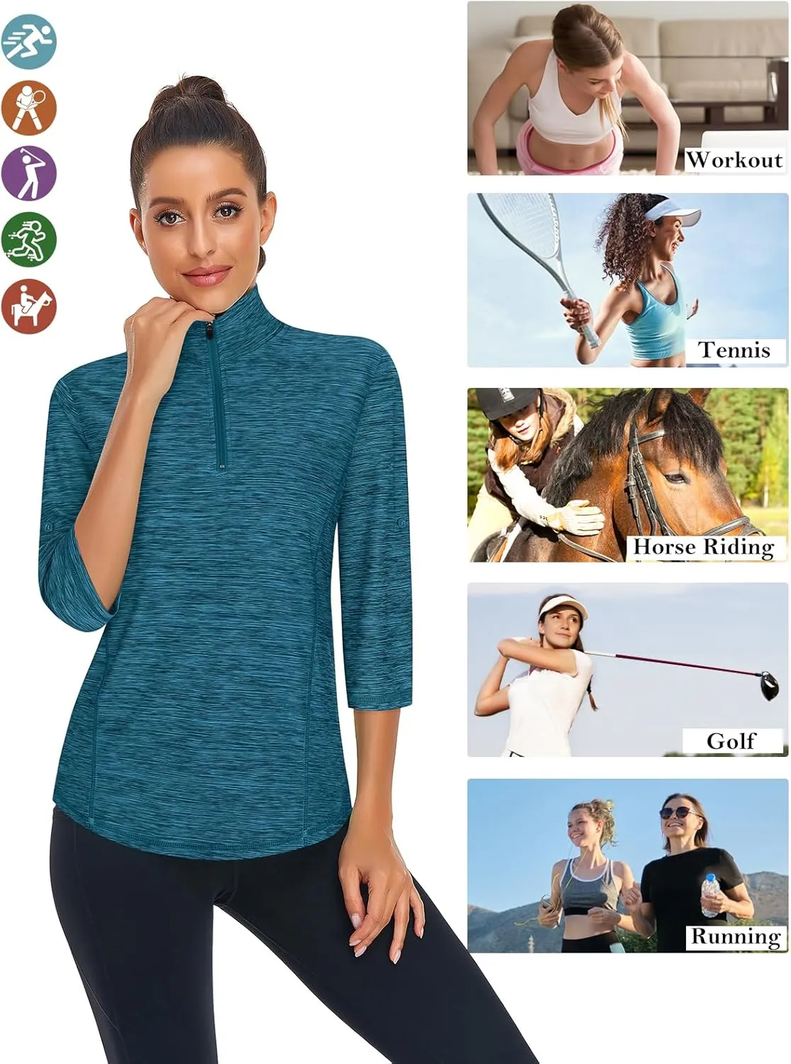 LURANEE Womens 3/4 Roll Sleeve 1/4 Zip Pullover Golf Shirts Athletic Hiking Running Workout Tops UPF 50 