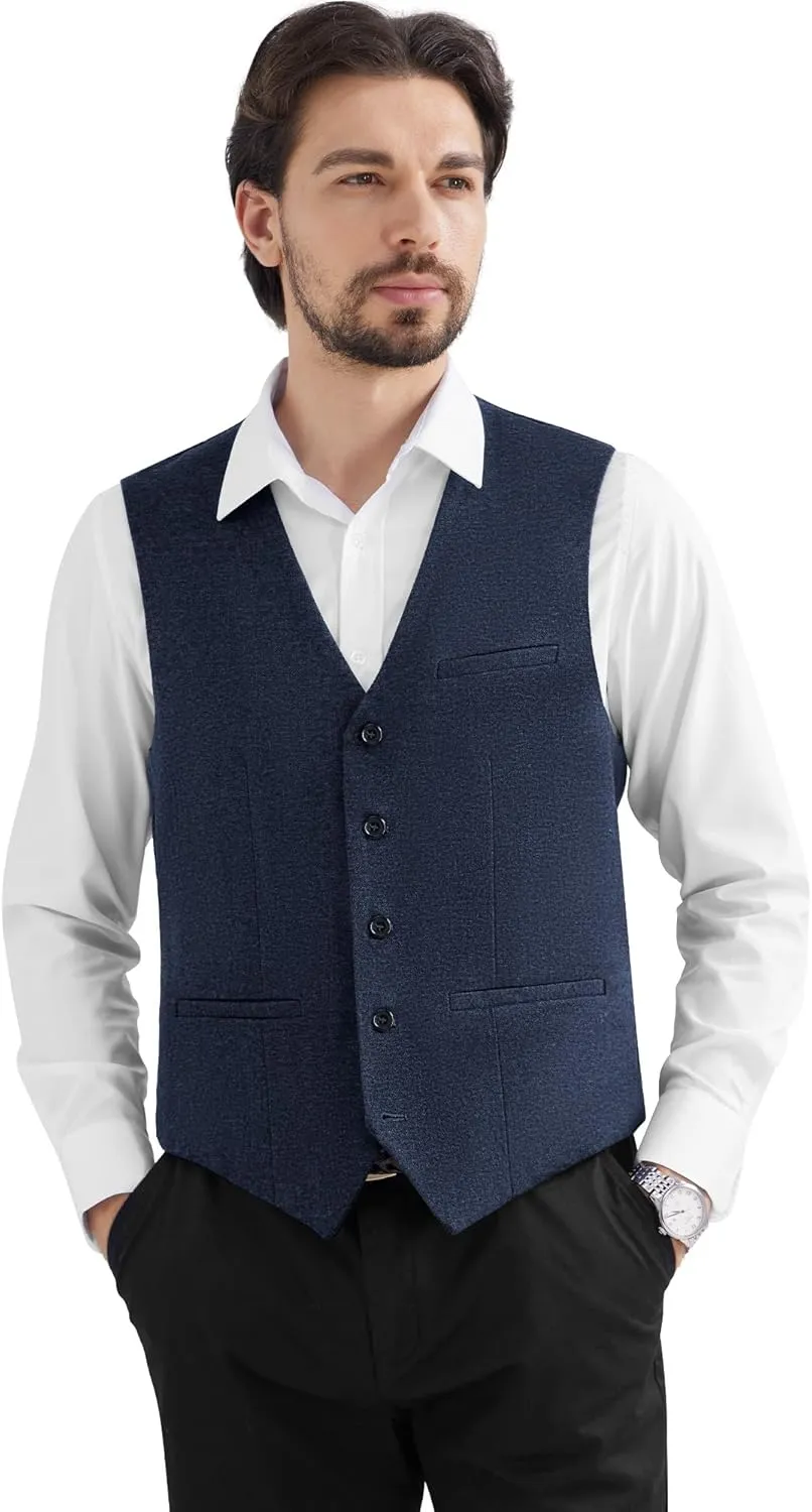 MAGE MALE Men's Suit Vests Business Formal Dress Tweed Vest Slim Fit Casual Waistcoat with 3 Real Pockets