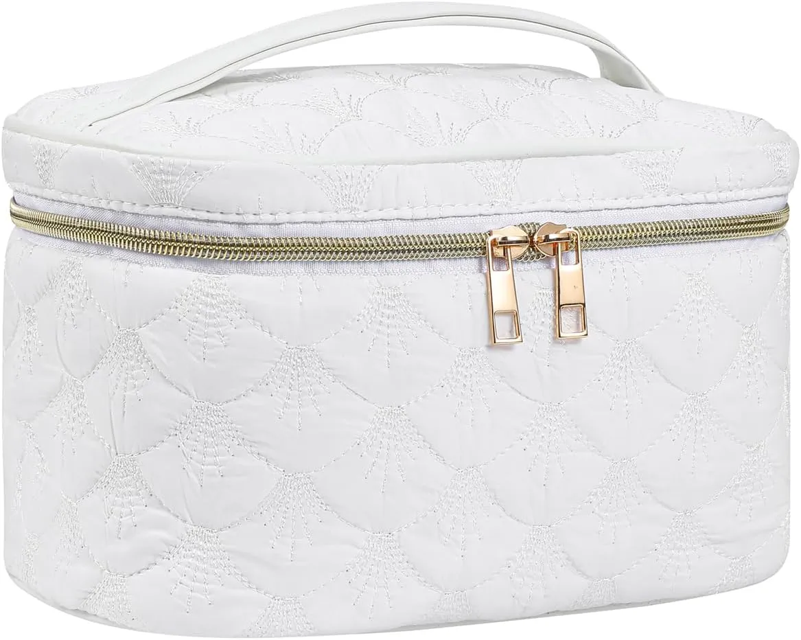 Medium Size Quilted Makeup Bag with Brush Compartment, Coastal Granddaughter Cosmetic Bag, Seashell Portable Travel Toiletry Pouch02White