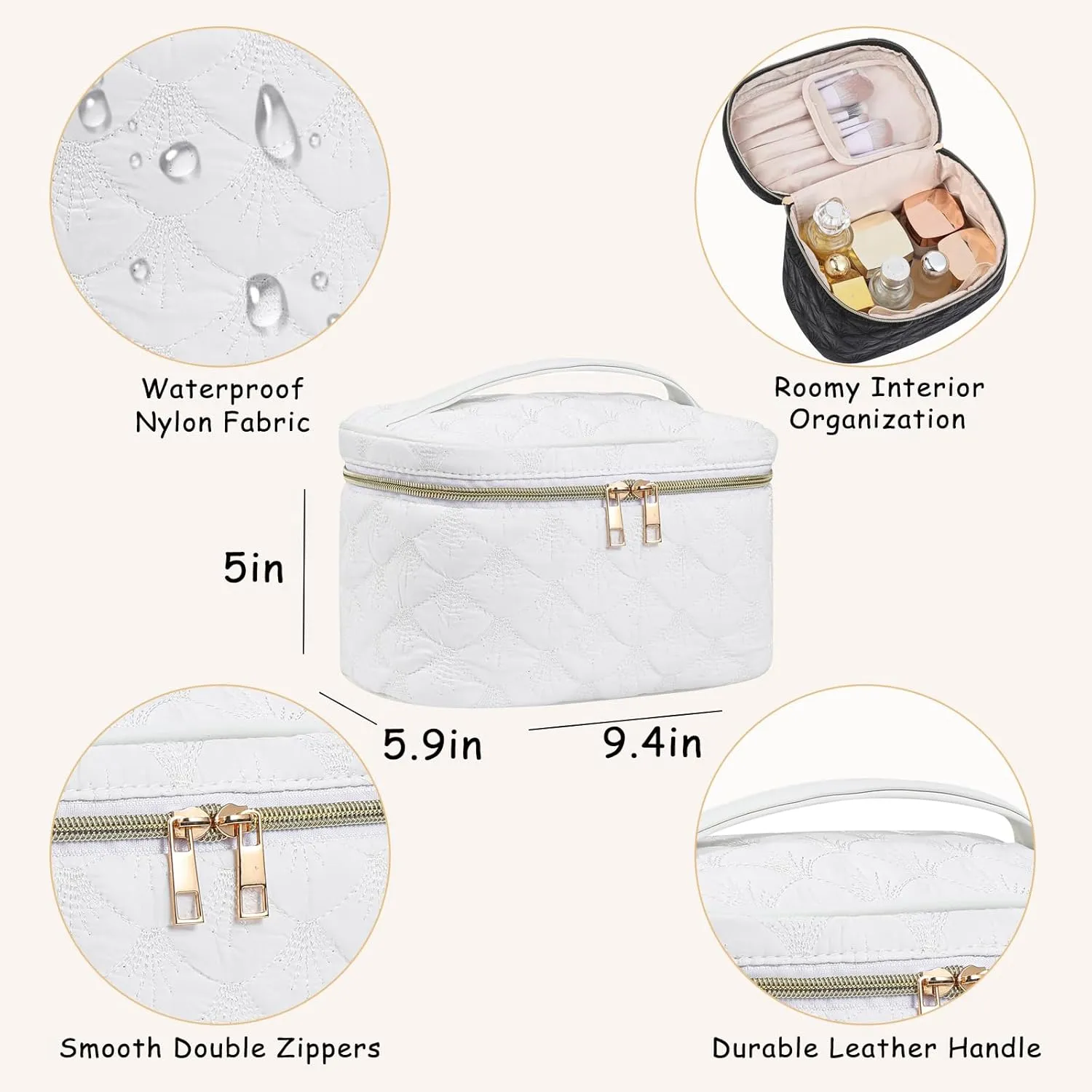 Medium Size Quilted Makeup Bag with Brush Compartment, Coastal Granddaughter Cosmetic Bag, Seashell Portable Travel Toiletry Pouch02White