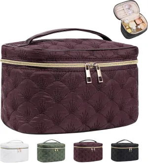 Medium Size Quilted Makeup Bag with Brush Compartment, Coastal Granddaughter Cosmetic Bag, Seashell Portable Travel Toiletry Pouch03Deep Claret