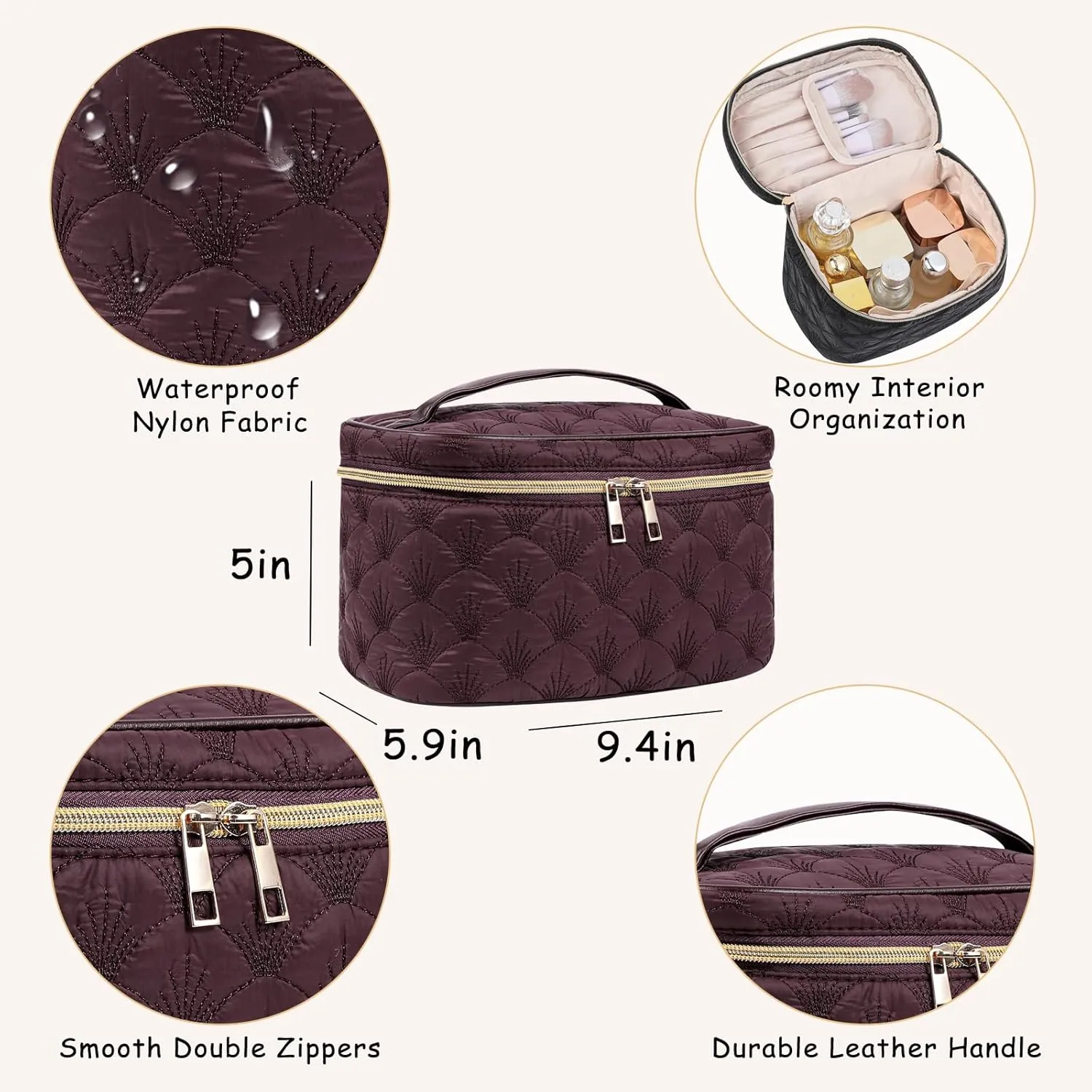 Medium Size Quilted Makeup Bag with Brush Compartment, Coastal Granddaughter Cosmetic Bag, Seashell Portable Travel Toiletry Pouch03Deep Claret