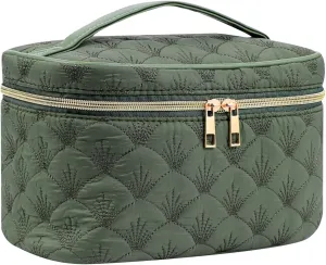 Medium Size Quilted Makeup Bag with Brush Compartment, Coastal Granddaughter Cosmetic Bag, Seashell Portable Travel Toiletry Pouch04Dark Green