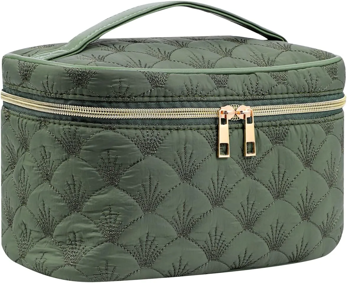 Medium Size Quilted Makeup Bag with Brush Compartment, Coastal Granddaughter Cosmetic Bag, Seashell Portable Travel Toiletry Pouch04Dark Green