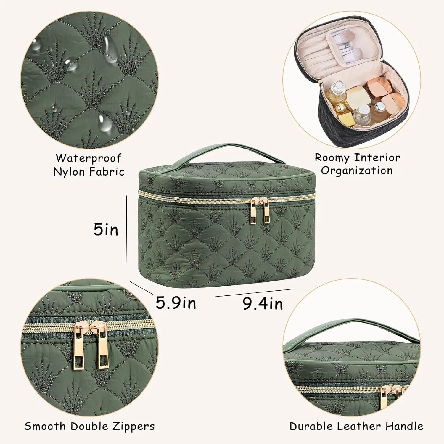 Medium Size Quilted Makeup Bag with Brush Compartment, Coastal Granddaughter Cosmetic Bag, Seashell Portable Travel Toiletry Pouch04Dark Green