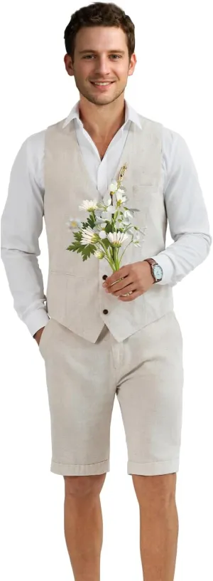 Men Suit Linen Set Vest and Pants Slim Fit Outfit 2 Pieces Casual Style Homecoming Summer Wedding Stylish