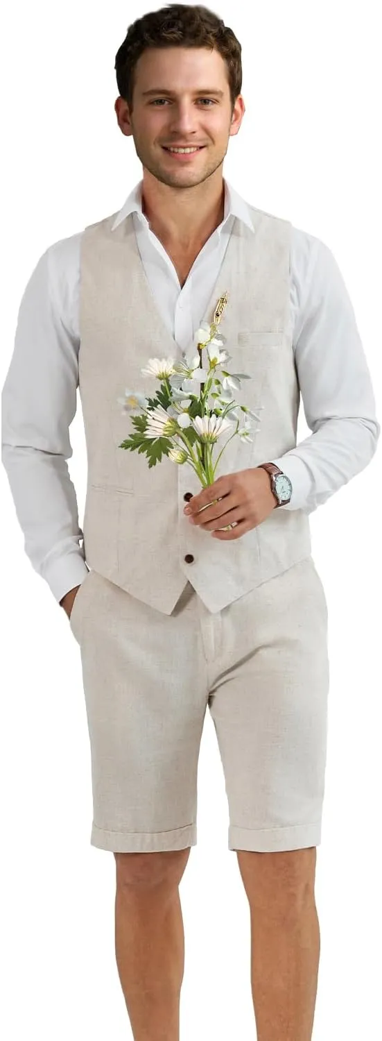 Men Suit Linen Set Vest and Pants Slim Fit Outfit 2 Pieces Casual Style Homecoming Summer Wedding Stylish