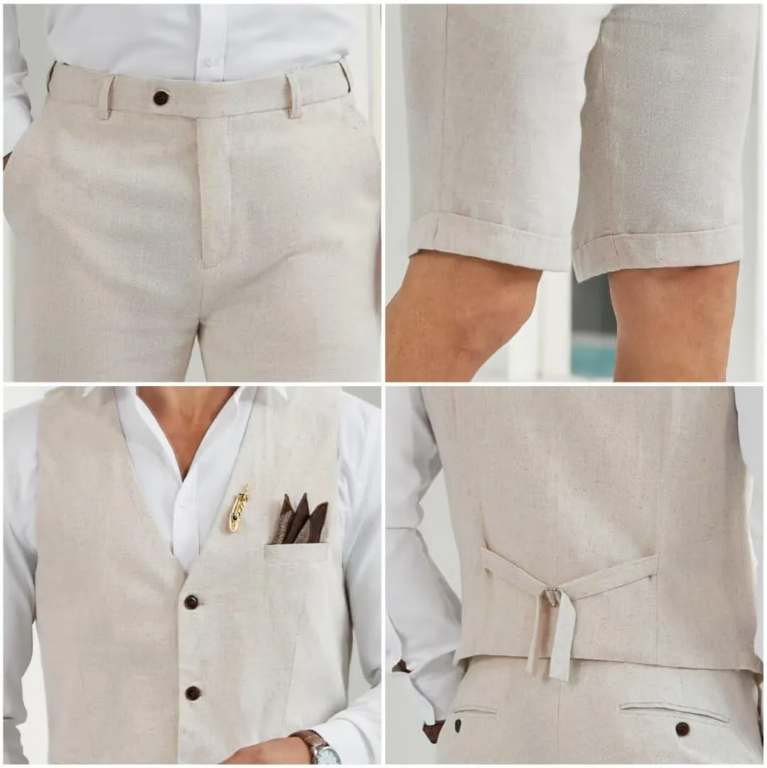 Men Suit Linen Set Vest and Pants Slim Fit Outfit 2 Pieces Casual Style Homecoming Summer Wedding Stylish