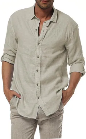 Mens Casual 100% Linen Rolled up Long Sleeve Buttons Shirts