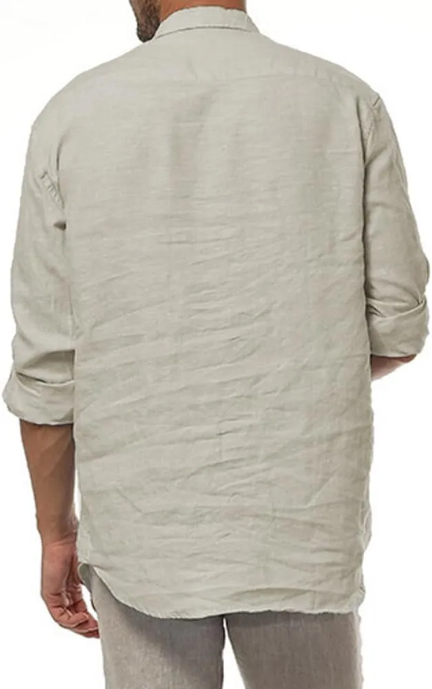 Mens Casual 100% Linen Rolled up Long Sleeve Buttons Shirts