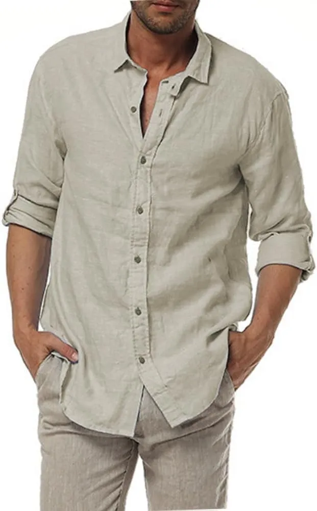 Mens Casual 100% Linen Rolled up Long Sleeve Buttons Shirts