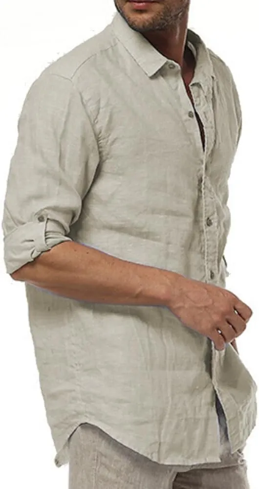 Mens Casual 100% Linen Rolled up Long Sleeve Buttons Shirts