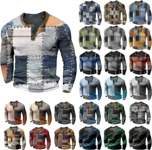Mens Long Sleeve Henley Shirt 1/4 Button Plaid Printed Distressed Vintage Tops Color Block Slim Fit Golf Polo Shirts