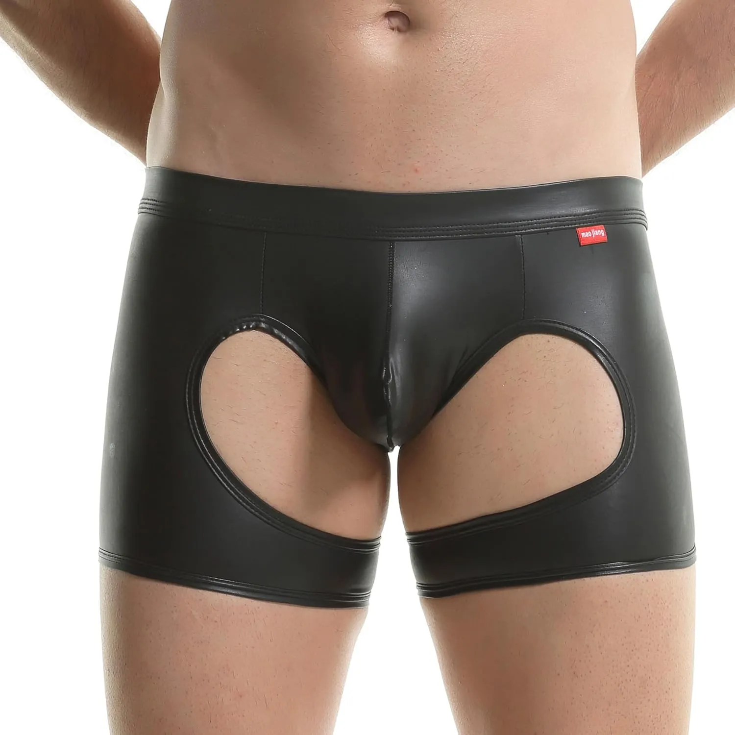 Men's Patent Leather Brief Sexy Erotic Leather Boxer Briefs Cool Biker Men's Sports Boxer Briefs Black Breathable Hollow Out Convex Pocket Briefs Boxer Shorts for Nightclub Bedroom
