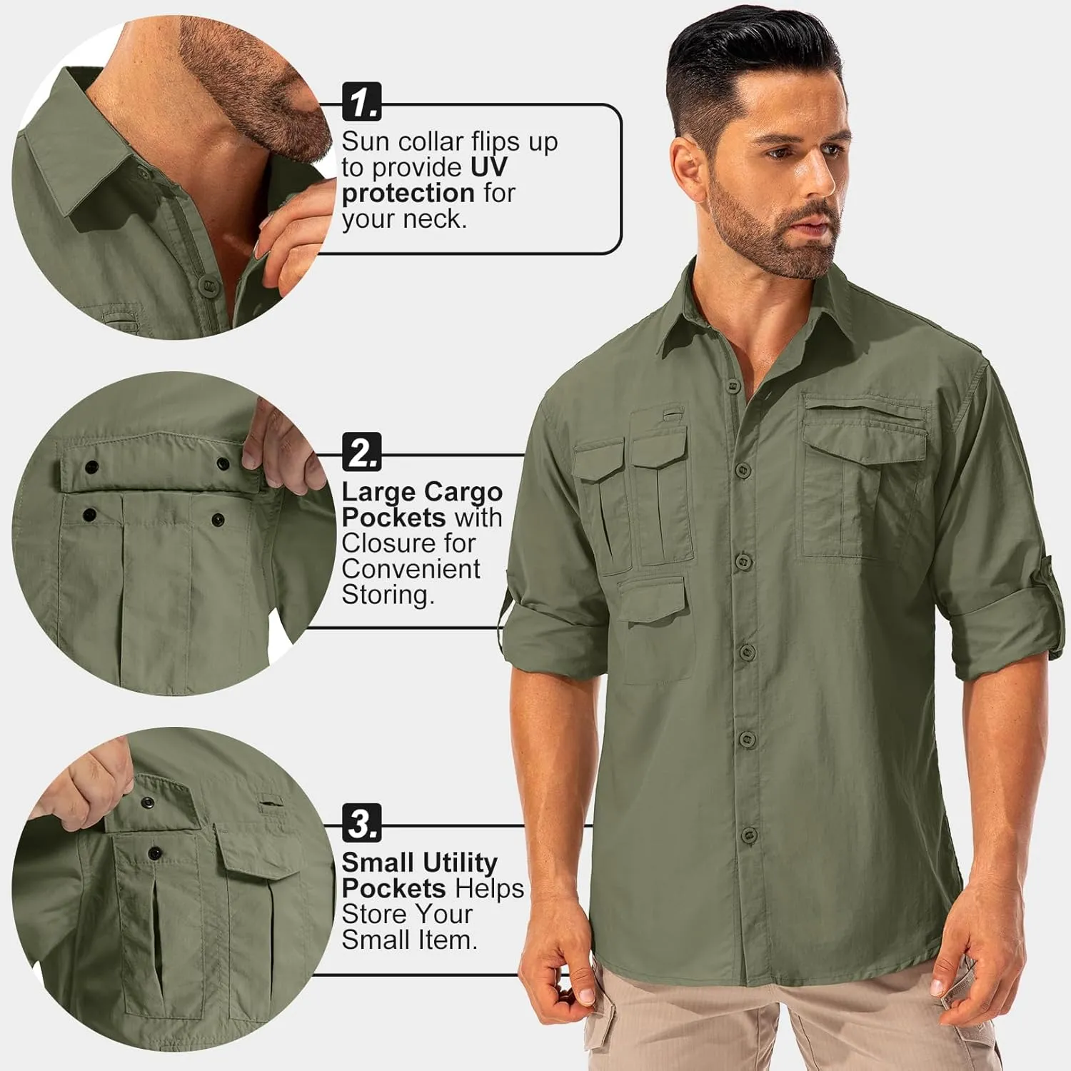Men's Sun Protection Hiking Fishing Safari Shirt Long Sleeve Outdoor Cool Quick Dry Cargo Shirts