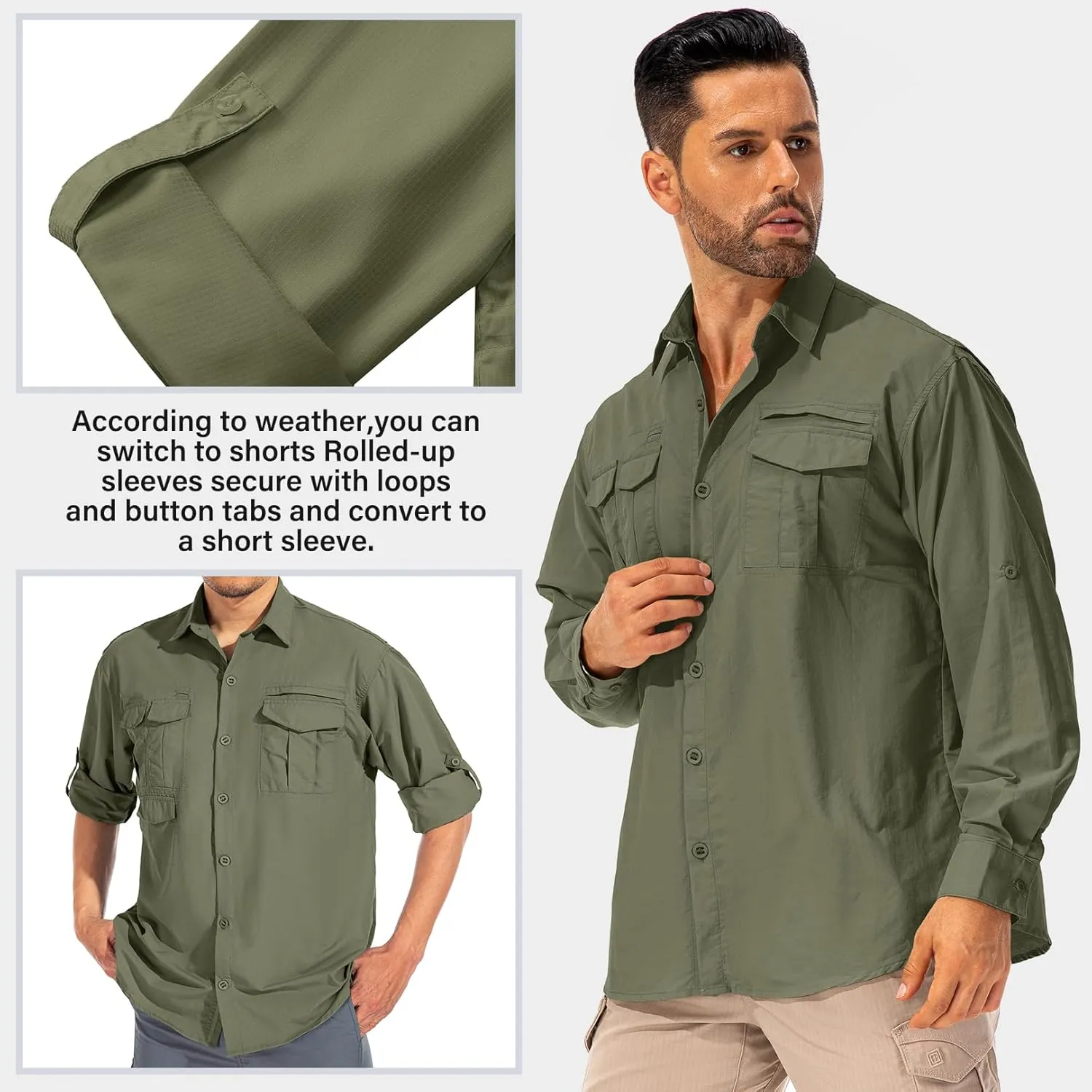 Men's Sun Protection Hiking Fishing Safari Shirt Long Sleeve Outdoor Cool Quick Dry Cargo Shirts