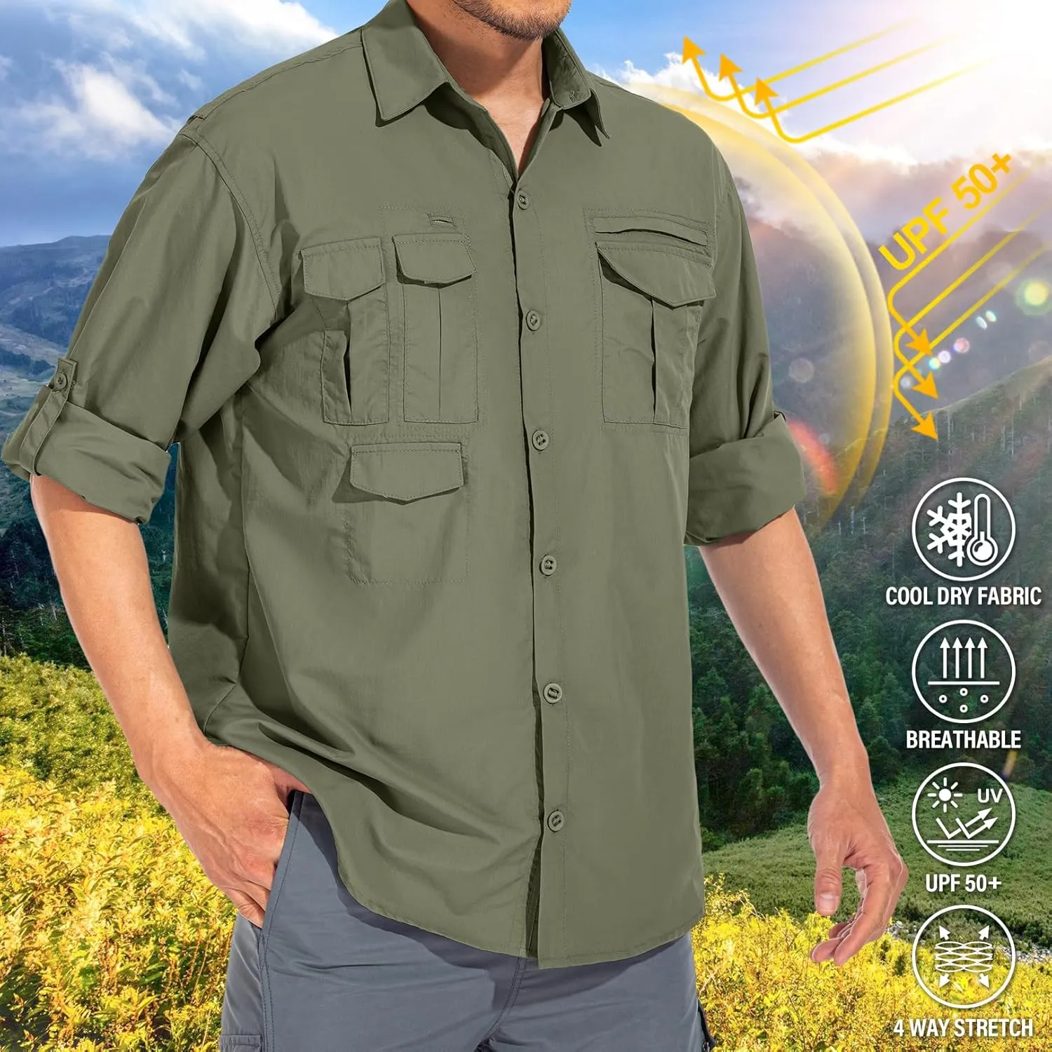 Men's Sun Protection Hiking Fishing Safari Shirt Long Sleeve Outdoor Cool Quick Dry Cargo Shirts