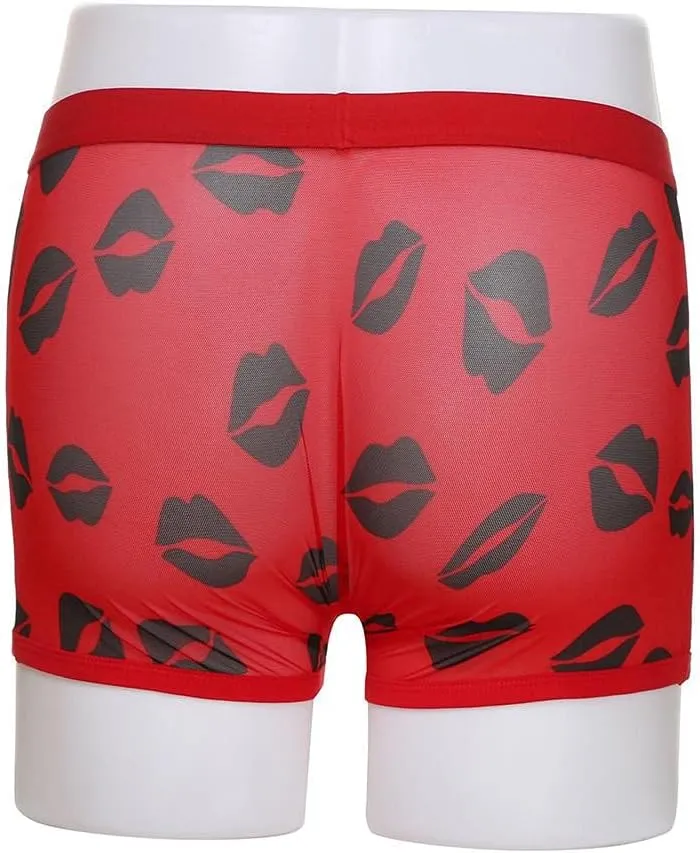 Mens Underwear Men's Sexy Mesh Underwear Hot Lip Transparent Lingerie Boxer Briefs Valentine's Day Men's Underwear