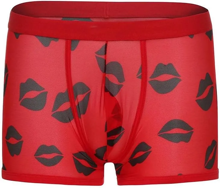 Mens Underwear Men's Sexy Mesh Underwear Hot Lip Transparent Lingerie Boxer Briefs Valentine's Day Men's Underwear