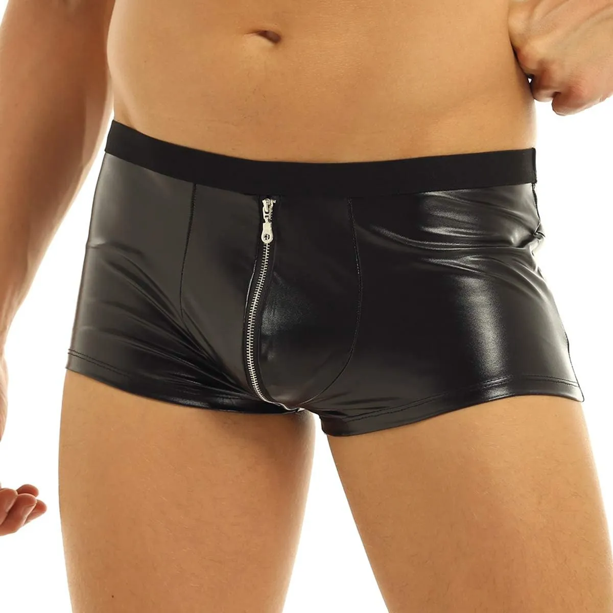 Mens Wet Look Faux Leather Zipper Pouch Boxer Briefs Shorts Underwear Underpants