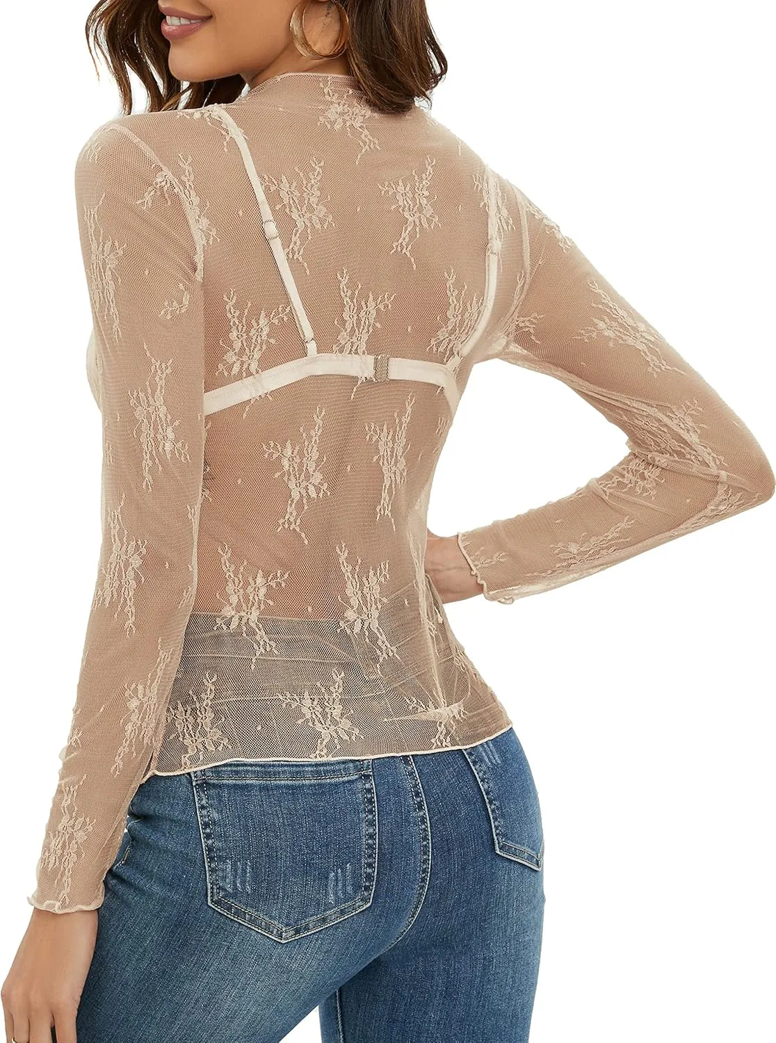 MEROKEETY Womens 2025 Mesh Sheer Long Sleeve Layering Top Sexy Y2k Mock Neck Floral Lace See Through Shirt Blouses