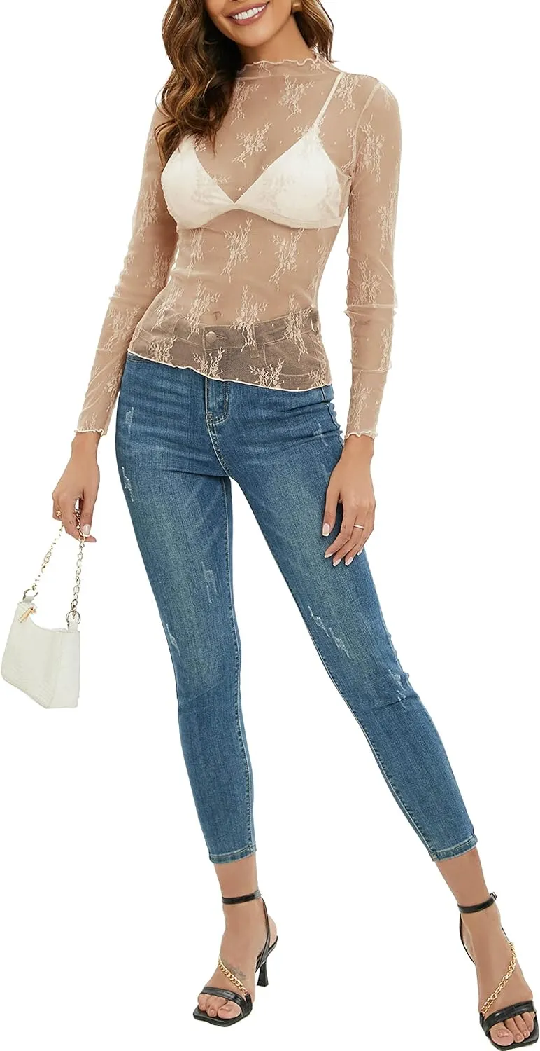 MEROKEETY Womens 2025 Mesh Sheer Long Sleeve Layering Top Sexy Y2k Mock Neck Floral Lace See Through Shirt Blouses