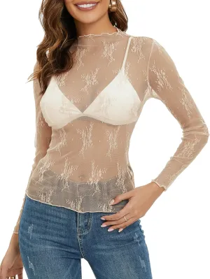 MEROKEETY Womens 2025 Mesh Sheer Long Sleeve Layering Top Sexy Y2k Mock Neck Floral Lace See Through Shirt Blouses