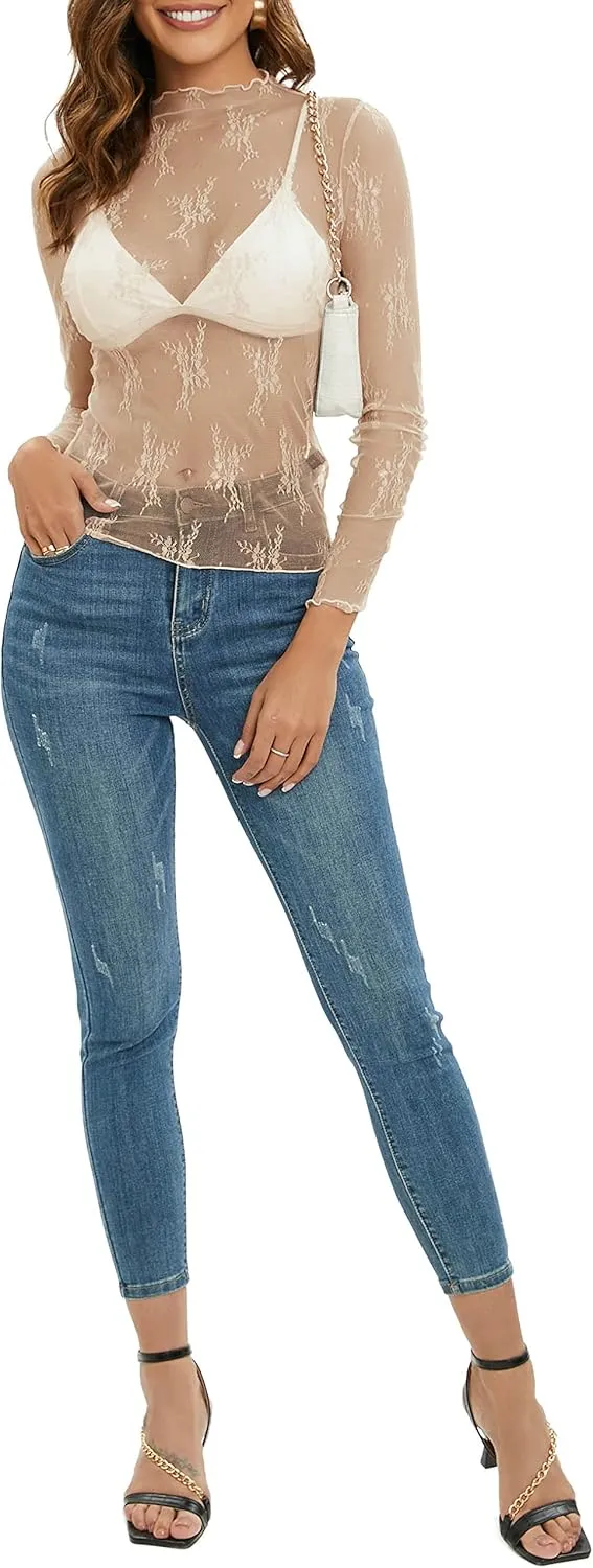 MEROKEETY Womens 2025 Mesh Sheer Long Sleeve Layering Top Sexy Y2k Mock Neck Floral Lace See Through Shirt Blouses