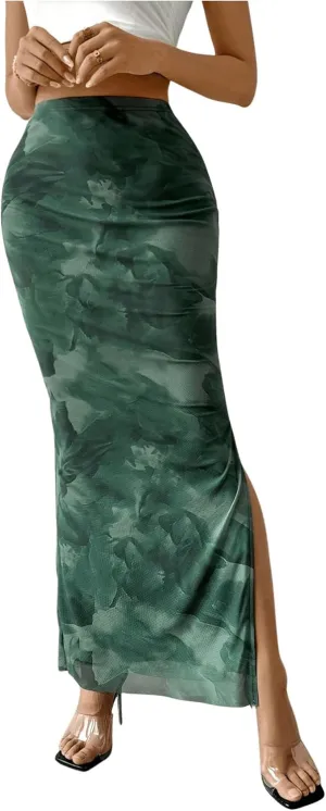 Milumia Women's Tie Dye High Waist Mesh Bodycon Long Skirt Slit Maxi Skirts