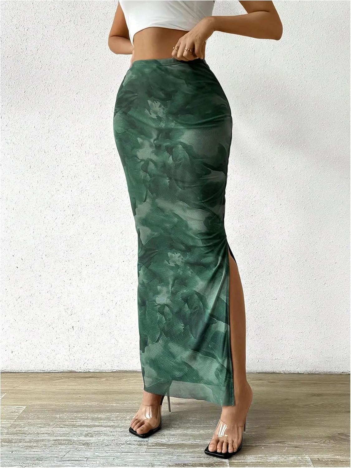 Milumia Women's Tie Dye High Waist Mesh Bodycon Long Skirt Slit Maxi Skirts