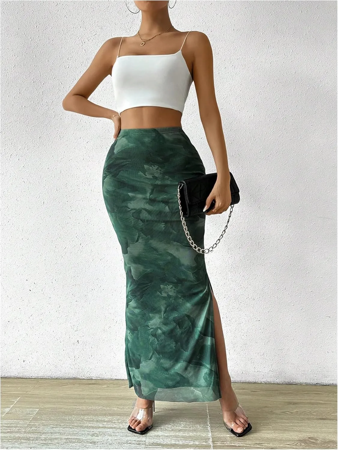 Milumia Women's Tie Dye High Waist Mesh Bodycon Long Skirt Slit Maxi Skirts