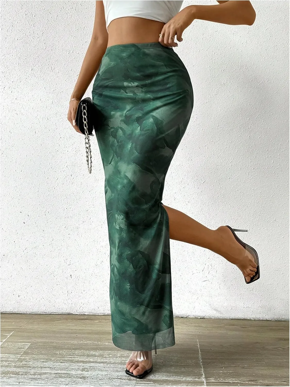 Milumia Women's Tie Dye High Waist Mesh Bodycon Long Skirt Slit Maxi Skirts