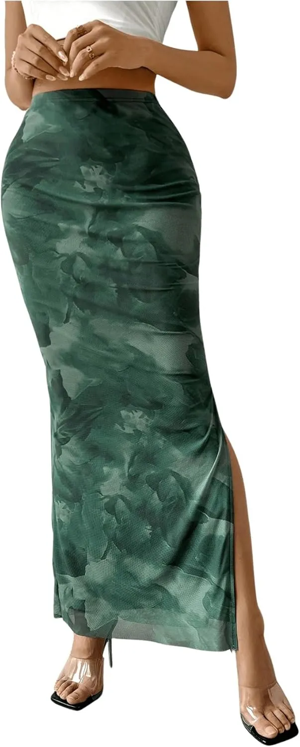 Milumia Women's Tie Dye High Waist Mesh Bodycon Long Skirt Slit Maxi Skirts