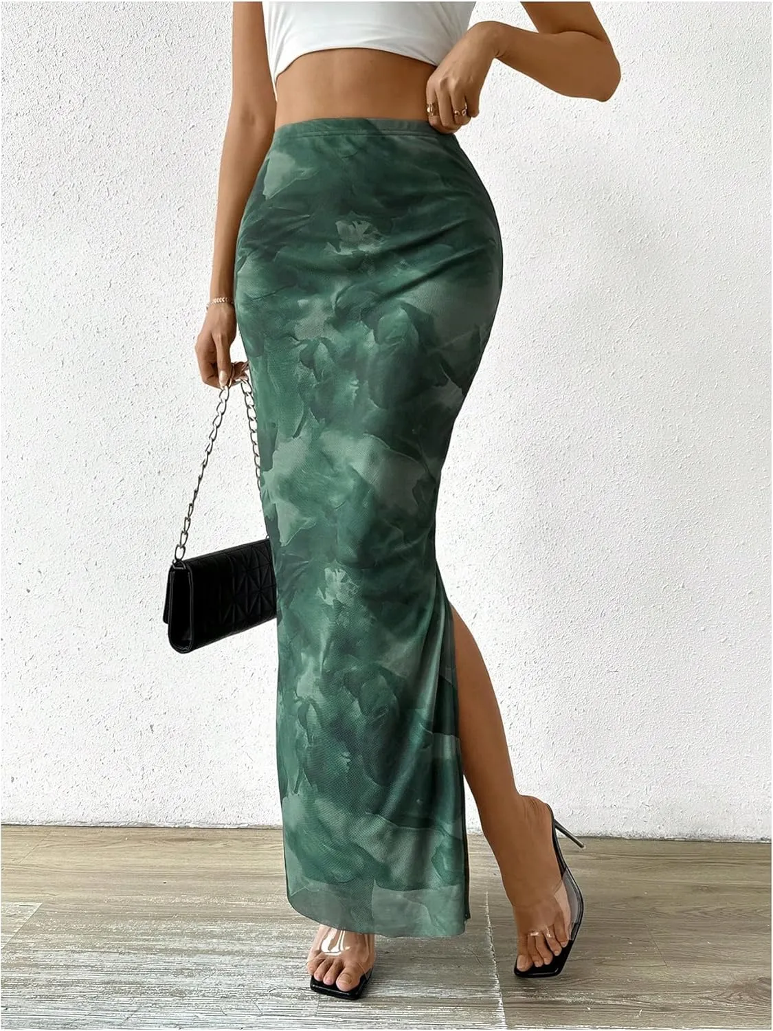Milumia Women's Tie Dye High Waist Mesh Bodycon Long Skirt Slit Maxi Skirts