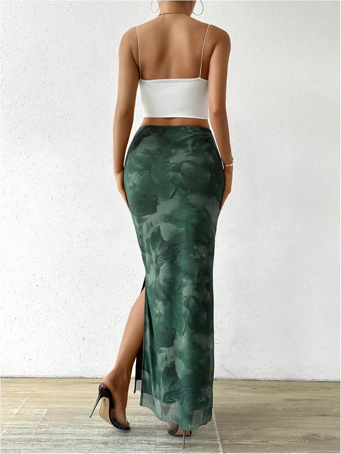 Milumia Women's Tie Dye High Waist Mesh Bodycon Long Skirt Slit Maxi Skirts