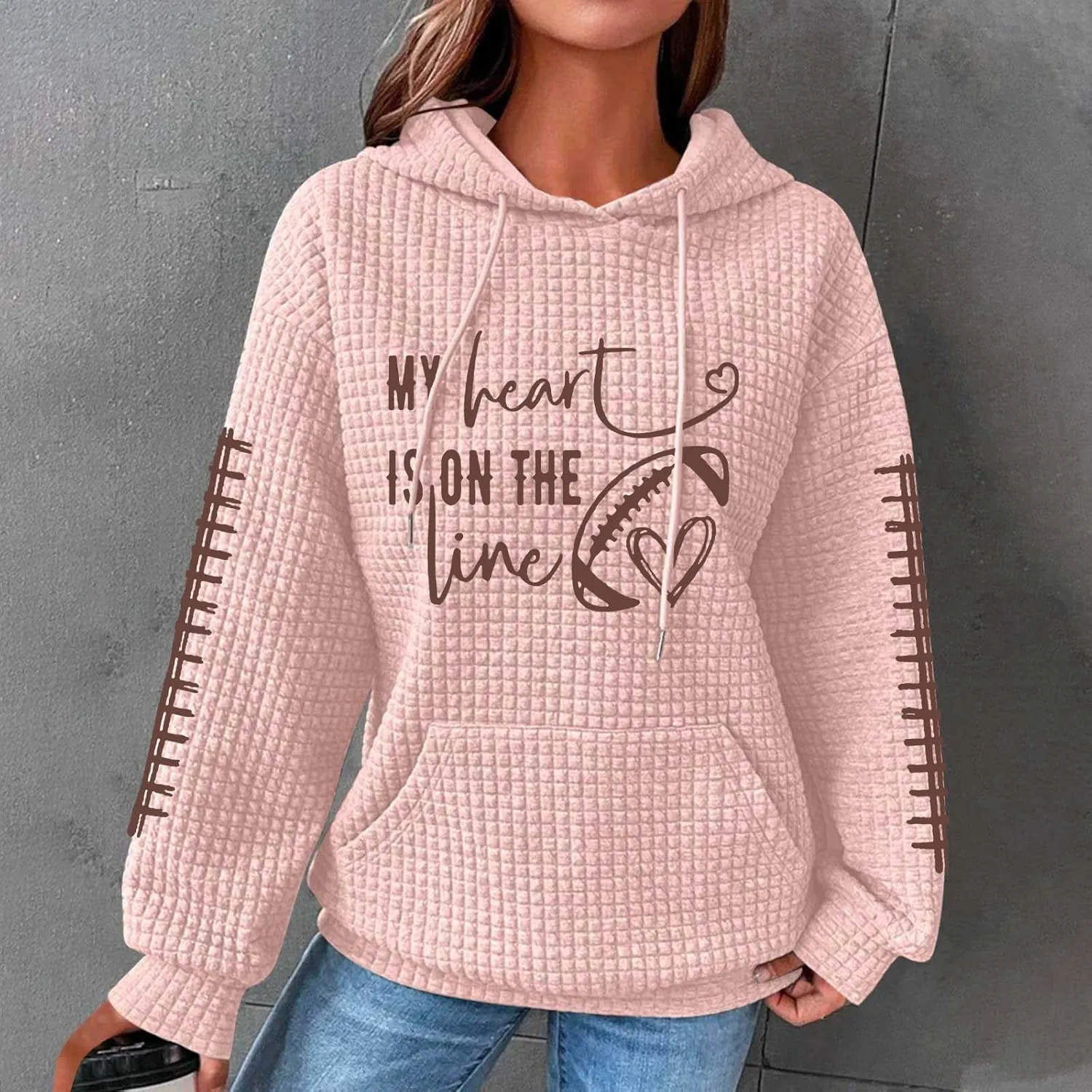 Mzkdieey My Heart Is On The Line Sweatshirt Women Football Game Day Waffle Knit Sweatshirt Long Sleeve Pullover with Pocket