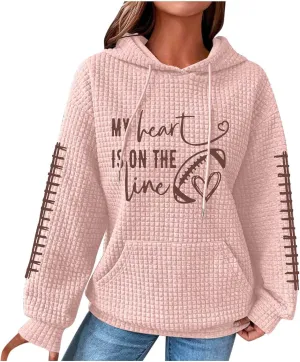 Mzkdieey My Heart Is On The Line Sweatshirt Women Football Game Day Waffle Knit Sweatshirt Long Sleeve Pullover with Pocket