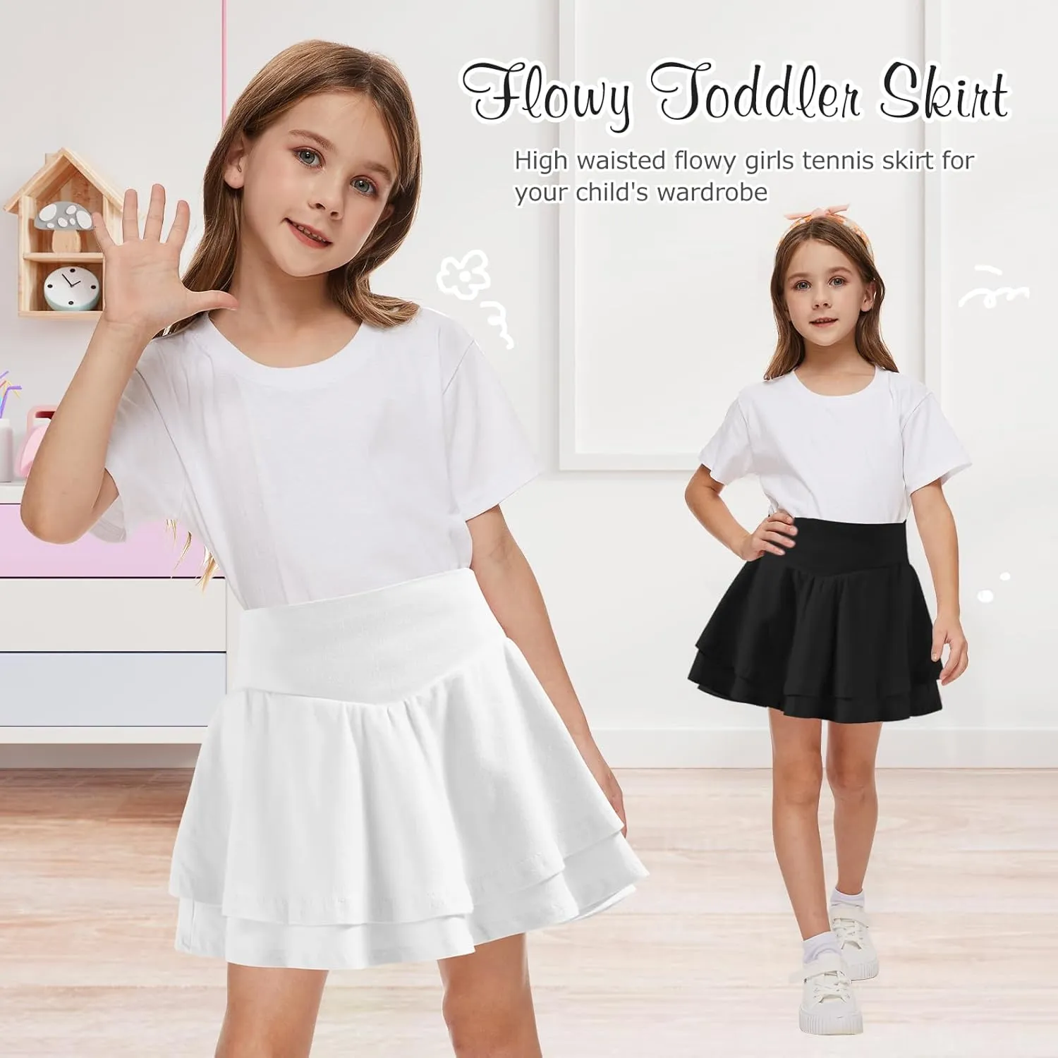 Neutocd Toddler Baby Girls Skirts Skorts Layered Ruffle Flared Elastic Waist Casual Pleated School Skater Skirts for Kids