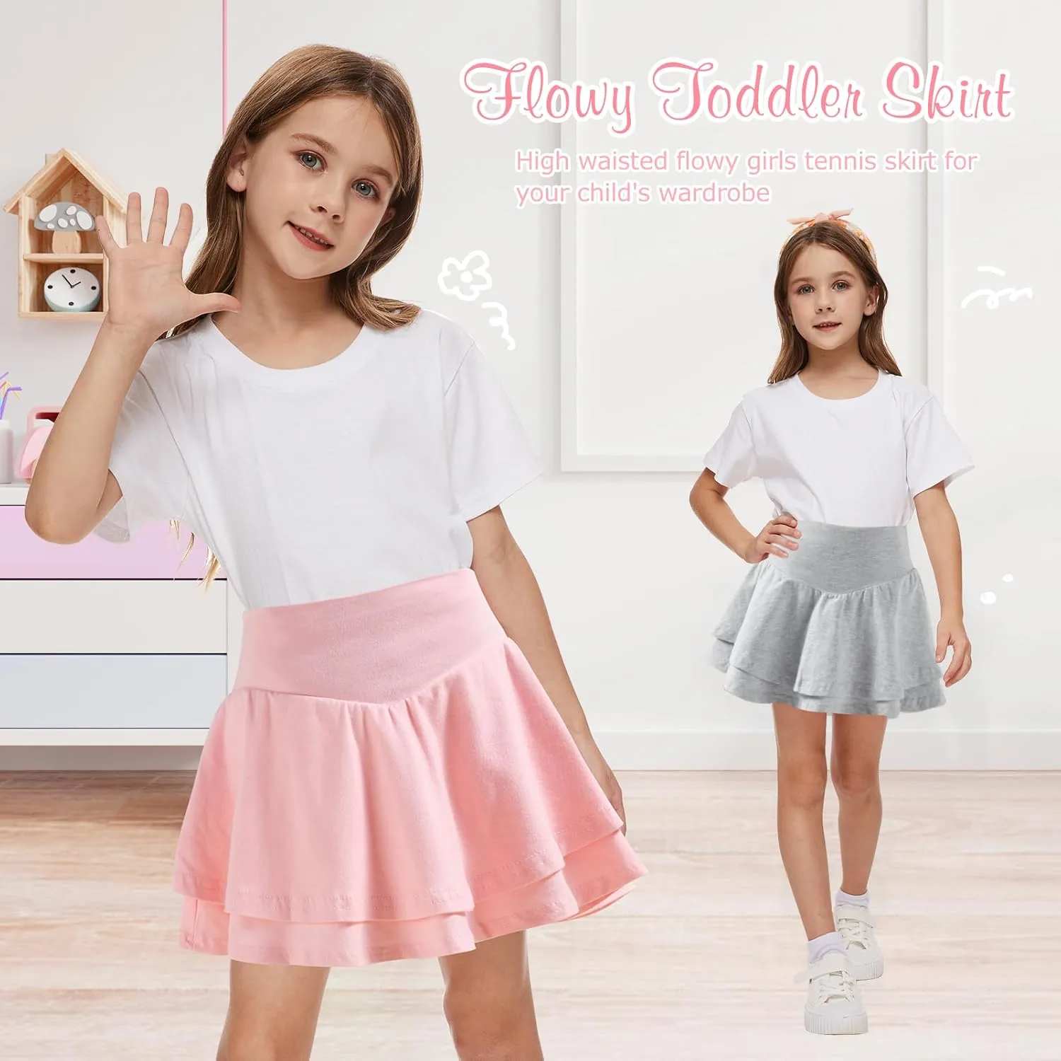 Neutocd Toddler Baby Girls Skirts Skorts Layered Ruffle Flared Elastic Waist Casual Pleated School Skater Skirts for Kids