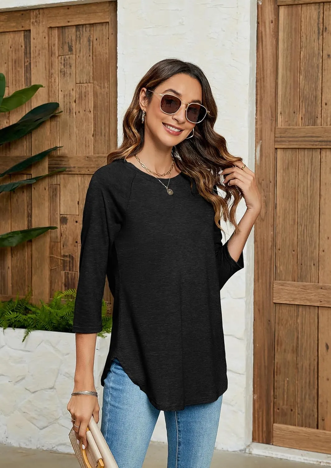 Newchoice Womens 3/4 Length Sleeve Tops Casual Round Neck Basic Tunic Shirts Loose Fit