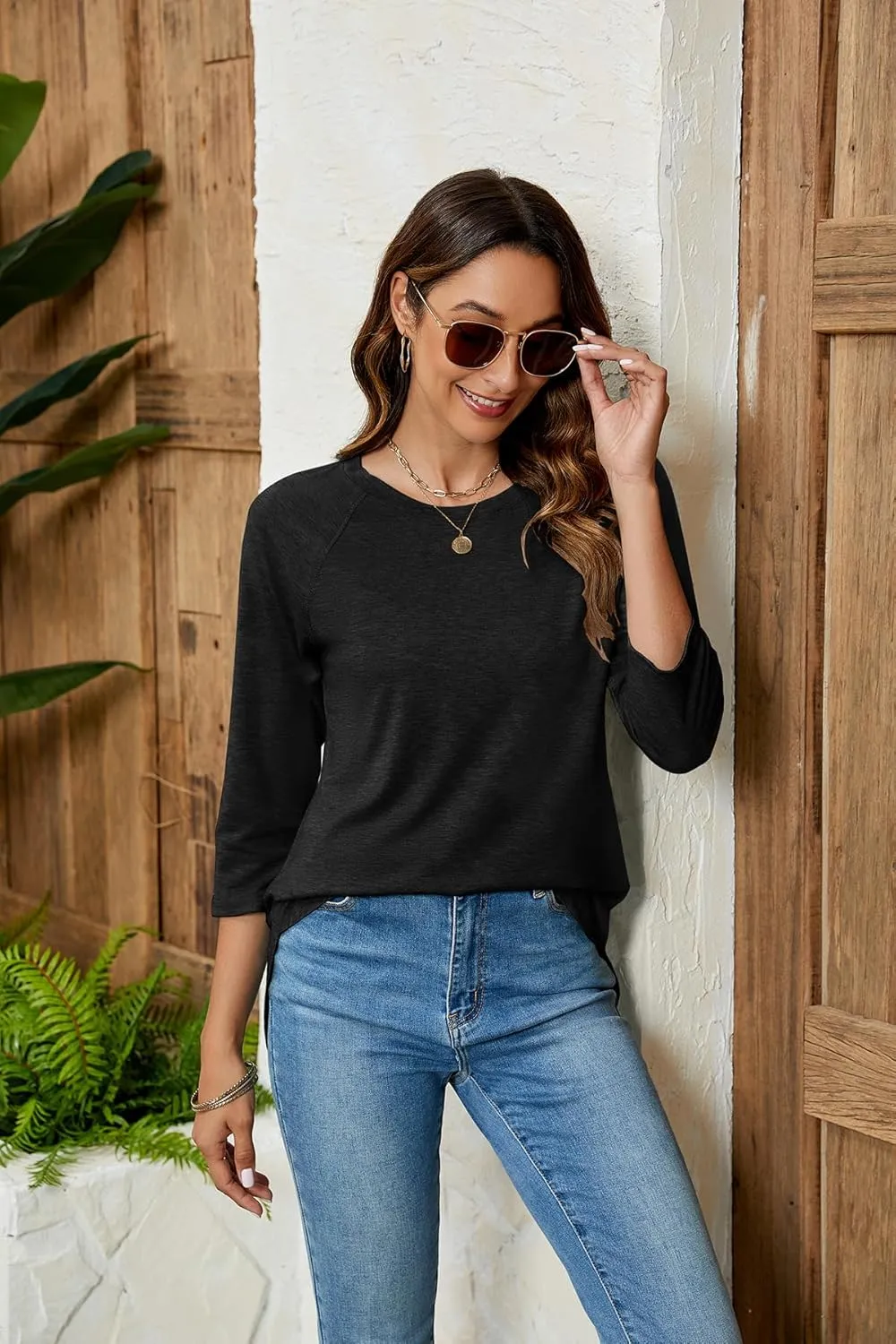 Newchoice Womens 3/4 Length Sleeve Tops Casual Round Neck Basic Tunic Shirts Loose Fit