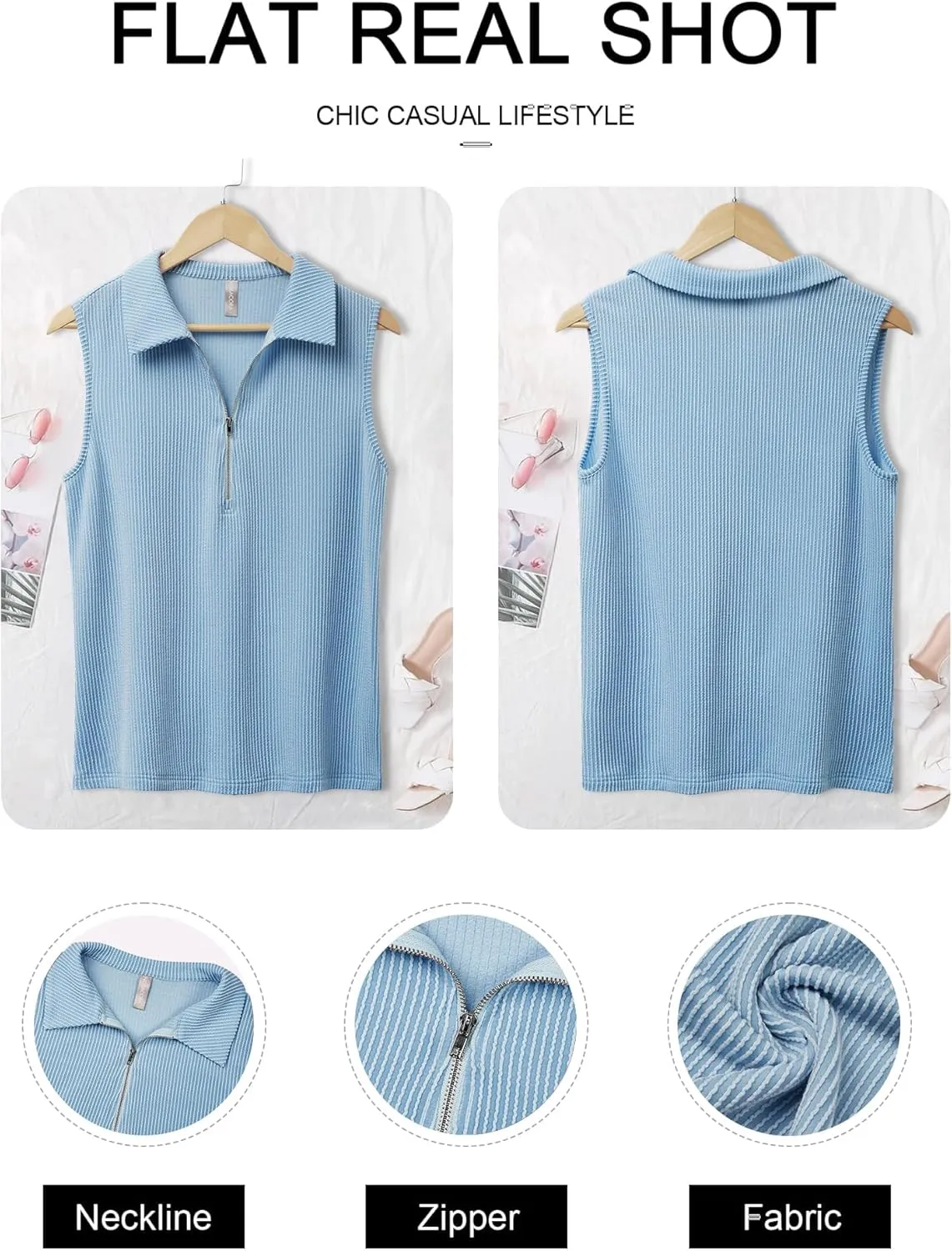 NORACORA Women's Summer Sleeveless Tops V Neck Collared Shirts Dressy Casual Striped Ribbed Tank Top with Zipper Loose Fit