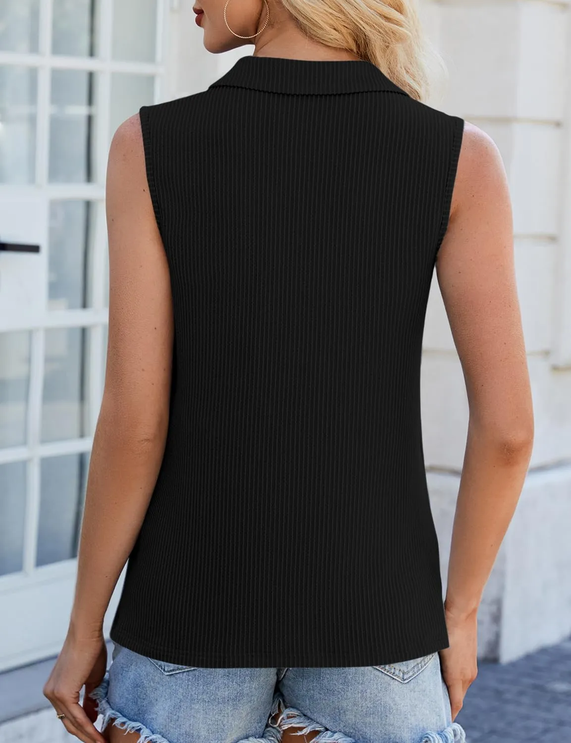NORACORA Women's Summer Sleeveless Tops V Neck Collared Shirts Dressy Casual Striped Ribbed Tank Top with Zipper Loose Fit