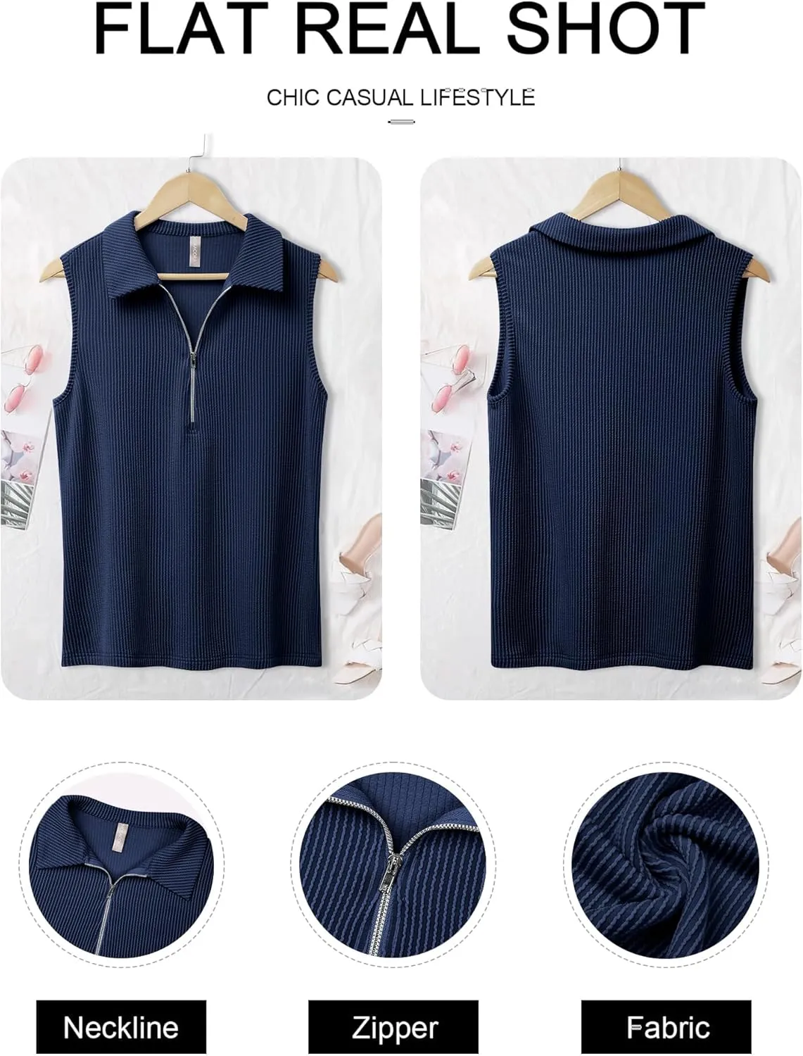 NORACORA Women's Summer Sleeveless Tops V Neck Collared Shirts Dressy Casual Striped Ribbed Tank Top with Zipper Loose Fit