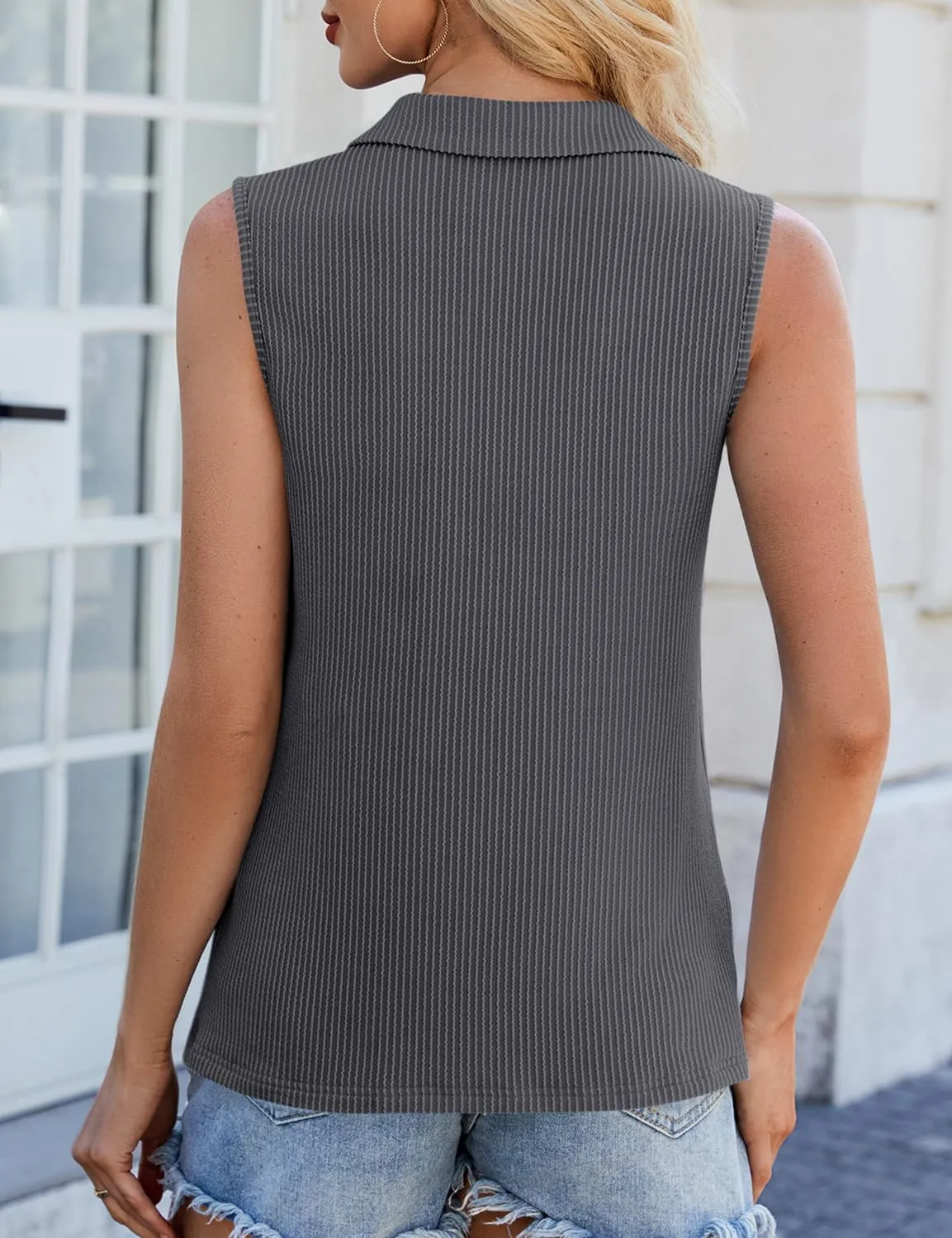 NORACORA Women's Summer Sleeveless Tops V Neck Collared Shirts Dressy Casual Striped Ribbed Tank Top with Zipper Loose Fit