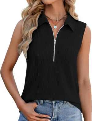 NORACORA Women's Summer Sleeveless Tops V Neck Collared Shirts Dressy Casual Striped Ribbed Tank Top with Zipper Loose Fit