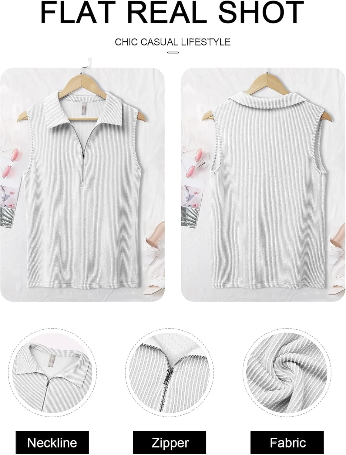 NORACORA Women's Summer Sleeveless Tops V Neck Collared Shirts Dressy Casual Striped Ribbed Tank Top with Zipper Loose Fit
