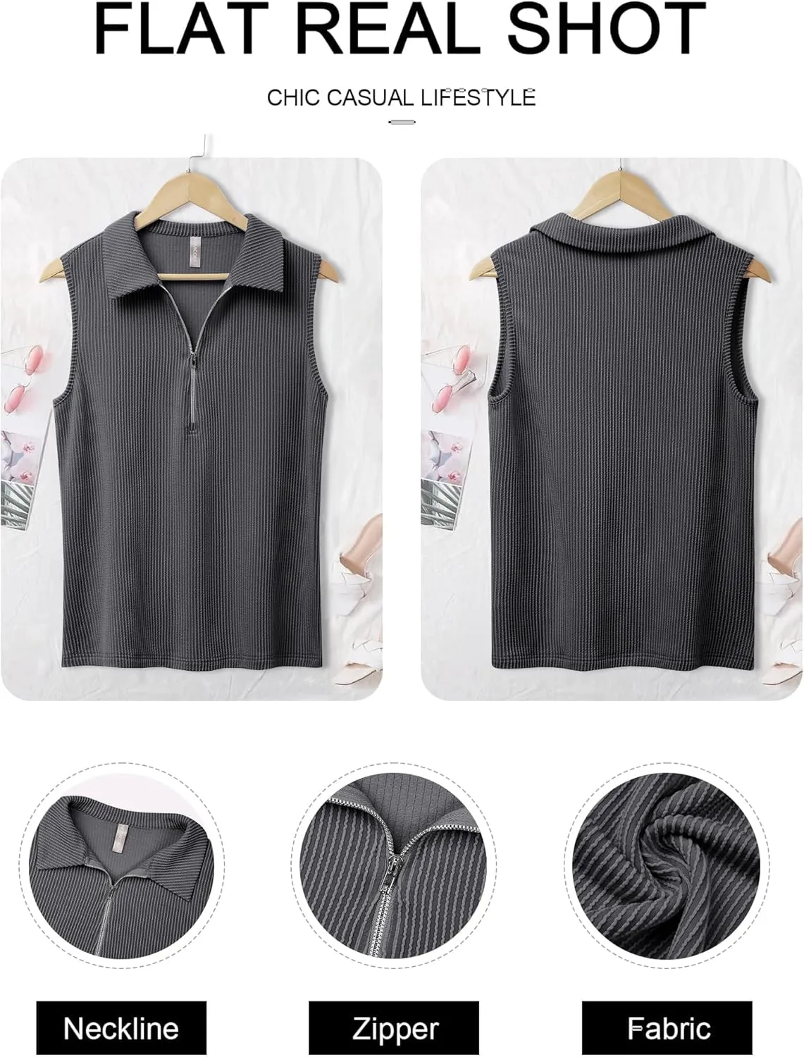 NORACORA Women's Summer Sleeveless Tops V Neck Collared Shirts Dressy Casual Striped Ribbed Tank Top with Zipper Loose Fit